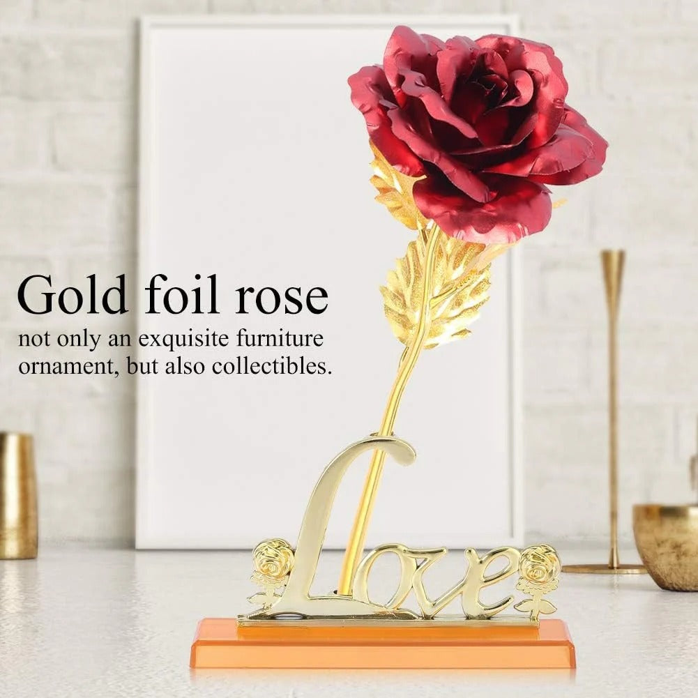 24K Gold Foil Artificial Rose with Base – Romantic Gift & Home Décor (Red)